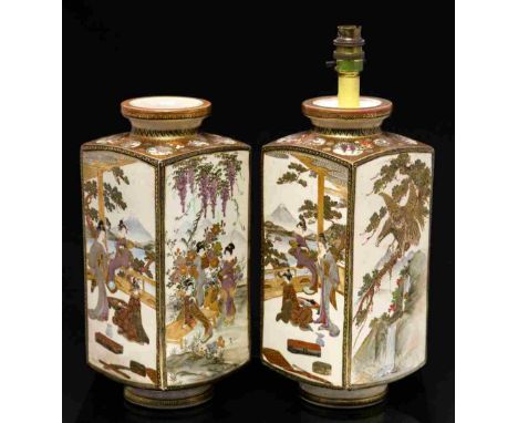 A pair of Japanese satsuma ware vases, Meiji period, 1868-1912, of square section, each extensively decorated in polychrome a