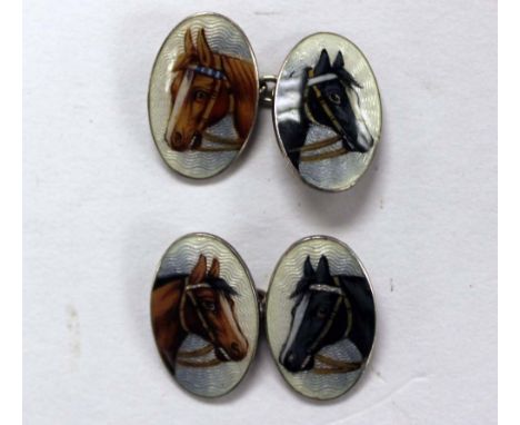 A pair of oval silver and enamel cuff links, each with black and brown head horses, stamped 935 (1) 