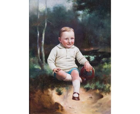 Charles Spencelayh R.M.S (British, 1865-1958), portrait of a young boy seated beside a river, his left hand resting on a ball