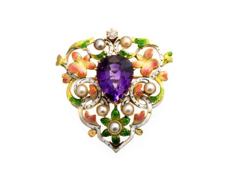 A late Victorian or Edwardian amethyst, diamond, seed pearl and enamelled yellow metal pendant/brooch, the floral design surr