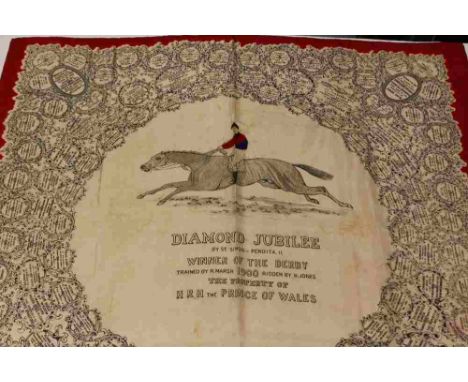 A silk scarf for Diamond Jubilee 'Winner of the Derby trained by R.Marsh 1900 ridden by H.Jones', also showing winners of the