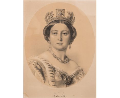 After Franz Xaver Winterhalter, a portrait of the young Queen Victoria with a facsimile of her signature below, inscribed on 