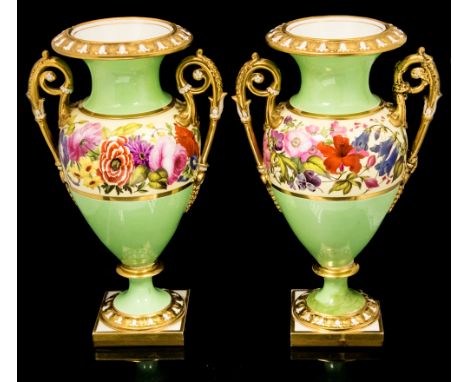 A pair of Flight Barr and Barr, Worcester vases, circa 1800, urn form decorated with floral and gilt foliate bands on a green