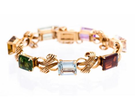 A 20th Century multi gem set bracelet, rectangular step cut stones, comprising amethyst, morganite, garnet, aquamarine, tourm