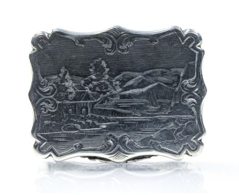 A Victorian engraved ‘castle-top’ vinaigrette, of faceted rectangular form, the base and sides with engine turned and chased 