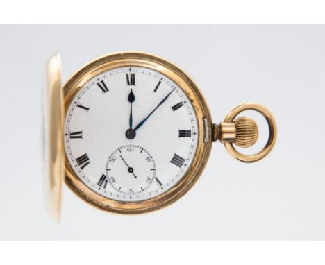 A rolled gold half hunter pocket watch, circa 1920's, top wind, white enamel Roman dial with subsidiary seconds dial