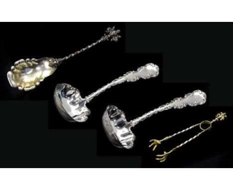 A pair of American silver sauce ladles, Louis XV pattern, Whiting, together with a Continental white metal fruit spoon and a 