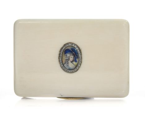 A late 19th Century ivory calling card case, circa 1890, possibly French, of hinged rectangular form, the cover inset with an