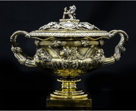 A Victorian silver gilt Warwick Vase tureen and cover, modelled after the Ancient Roman original, part of the Emerson Tennent