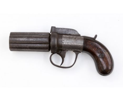 A 80 bore 3”barrelled 6 shot percussion bar hammer pepperbox revolver bearing no maker's name. It is fitted with a sliding sa