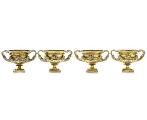 A set of Victorian silver gilt Warwick Vase salt cellars, heavily cast and gilded, after the original Ancient Roman example, 