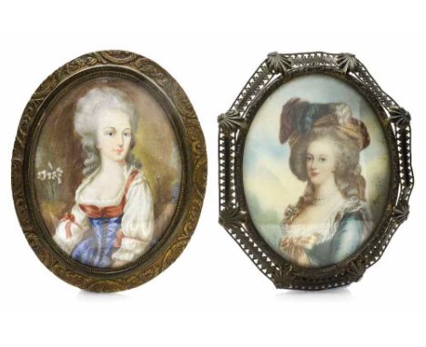 Two decorative oval portrait miniatures of ladies in 18th Century dress, French early 20th Century, one signed Dupre, pressed