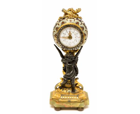 A 19th Century French boudoir timepiece, circa 1870, modelled as a bronze winged cherub supporting a champleve enamel and gil