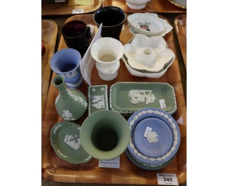 Tray of Wedgwood items, Jasperware, Hathaway Rose etc, together with a Wedgwood Queen's Silver Jubilee cameo candlestick etc.