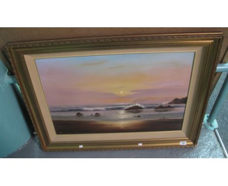 Poole (20th Century), beach scene with distant cliffs, signed, oils on canvas. 52 x 76cm approx. Framed. (B.P. 24% incl. VAT)