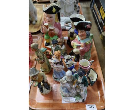 Tray of assorted china, various to include; Continental figurines, Hummel figurines, toby jugs, character jugs etc. (B.P. 24%