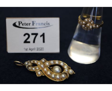A Victorian pearl set single pendant earring, set in unmarked yellow metal. Together with a Victorian pearl knot ring with en
