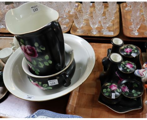 Early 20th Century bathroom or bedroom ceramic set to include; jug and basin, candlesticks, dressing table items etc. (B.P. 2