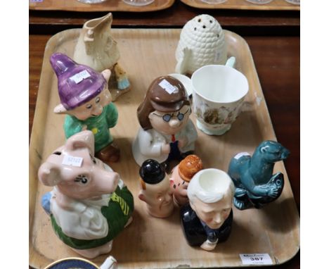 Tray of assorted china to include; Beswick Laurel and Hardy salt and pepper, Natwest Wade piggy bank, Poole pottery sea lion,