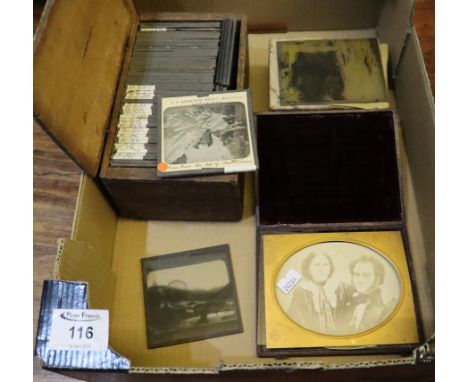A boxed set of glass magic lantern slides by Abraham's of Keswick, together with a cardboard box of lantern slides and a phot