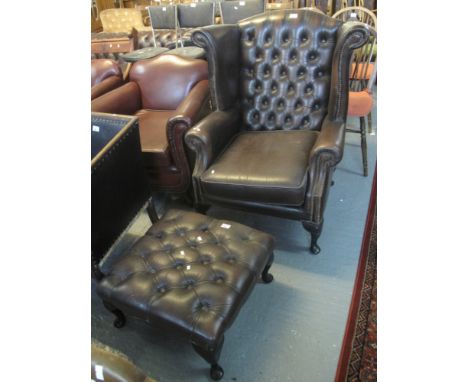 Chesterfield style button back leather wing armchair with matching stool or footrest. Together with another Edwardian style a