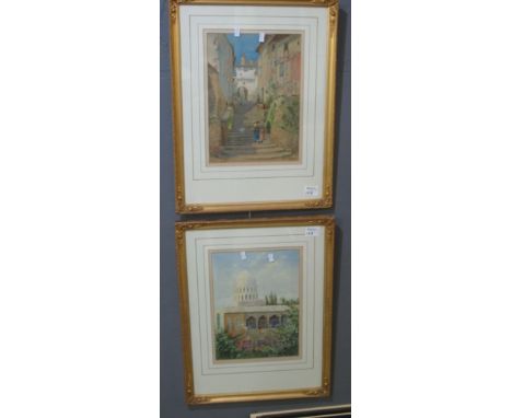 Percy R Craft, Middle Eastern scenes, streets, figures and architecture, three, signed, two watercolours and one oils on boar