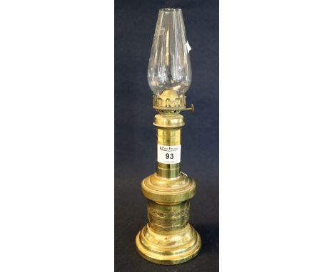 Brass single burner oil lamp, base marked La Lampe Pompe Francaise circa 1750, with glass shade. (B.P. 24% incl. VAT) 