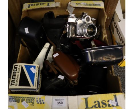 Box of assorted vintage cameras and other equipment various to include; Chinon, Zeiss Ikon, Agfa etc. (B.P. 24% incl. VAT)Con