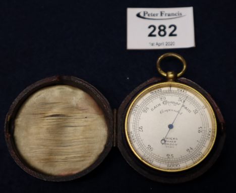 19th Century pocket barometer marked J. Hicks maker London, in leather covered fitted case. (B.P. 24% incl. VAT)Condition rep