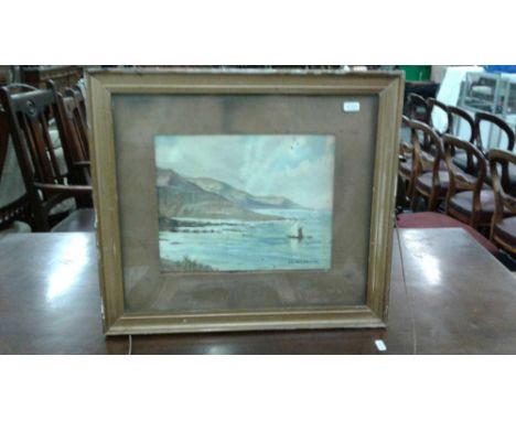 "Seascape with boats and mountains", oil on board, signed, dated and framed