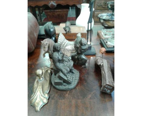 including a cast iron Chinese horse, African carved ebony head with tall figure, glass hen basket with metal lid, brass fires