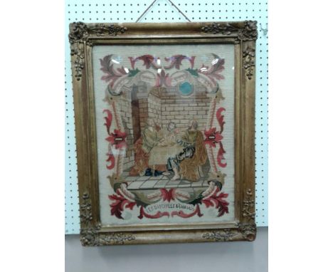 "Les Disciples", tapestry sampler in ornate gilt frame, 51 x 65.5 cm