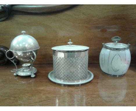 including plated eggery&nbsp;with burner, pierced biscuit barrel with glass liner and a frosted cut glass biscuit barrel with