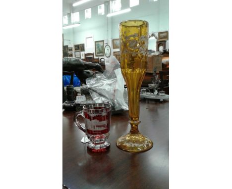 on circular base, together with a German ruby and plain glass tankard, Wiesbaden