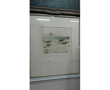 "Swans Flying over Sand Dunes", coloured etching, stamped lower left, titled and signed in pencil, framed