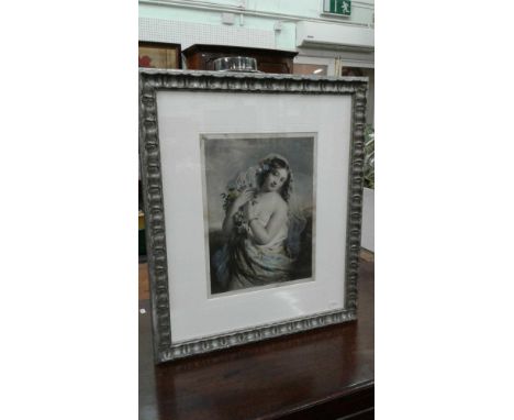"Portrait of a Woman with Veil and Flowers", stipple and hand colouring, by F. Holl, framed