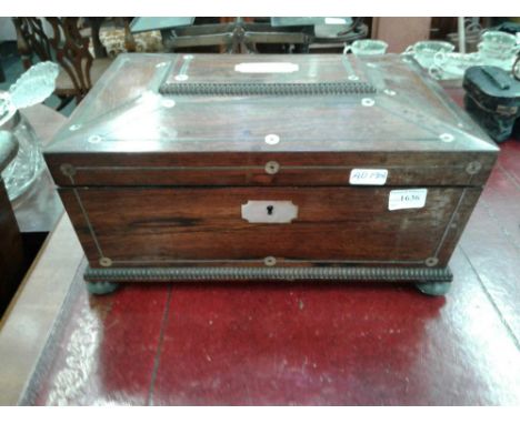 with mother of pearl inlay and dome top ring handles, on bun feet