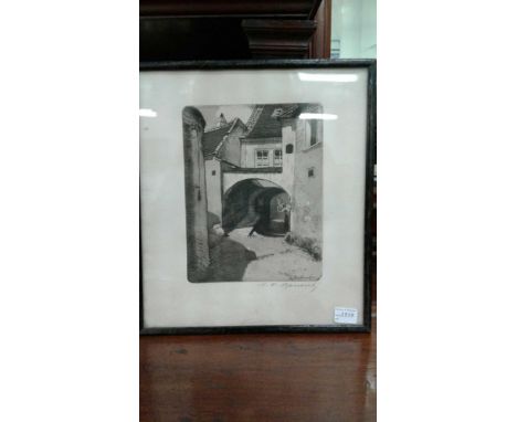 "View of Side Street" etching, signed in pencil, framed