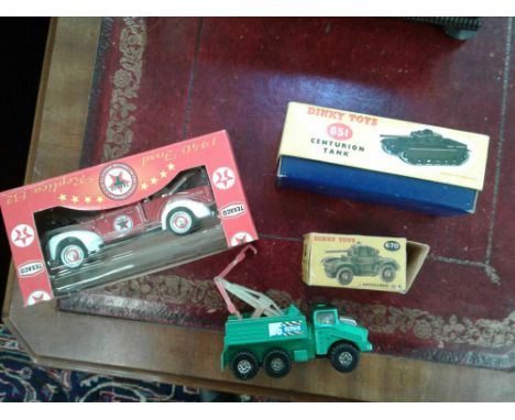 centurion tank in original box,&nbsp;armoured car in original box, matchbox recovery vehicle and Texaco old timer truck (4)