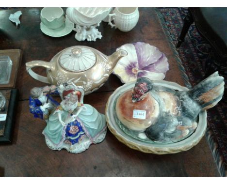 including hen basket with unmatching lid, Sadler cream and gilt teapot, floral dish and Dresden style figure, damaged&nbsp;