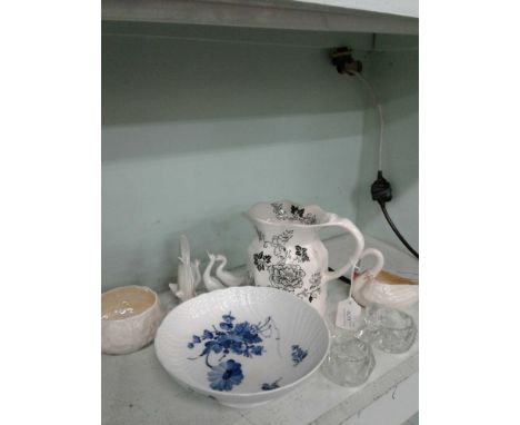 including Belleek dish, Nao figure of swans, Mason's water jug and other wares