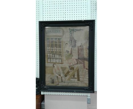 tapestry panel depicting figures in a street, framed, 49 x 67 cm
