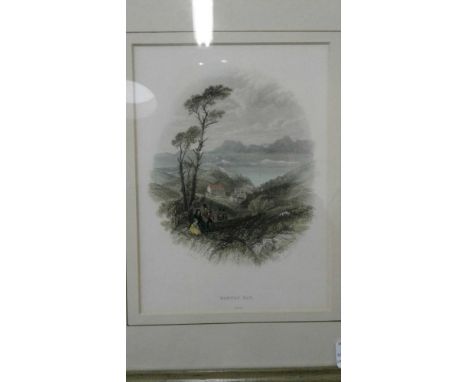 "Bantry Bay", coloured etching, framed, together with a Leonardo da Vinci book