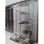 78" metal Rolling Shelf and Contents including Fellowes Neptune 2- 125, Hanging Ladder, small fan)