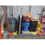 Lot w/ Lg Trash Can on Castersw/3ft Folding Signs/(10) Plastic Buckets/Mop Bucket/Brishes/Brooms/