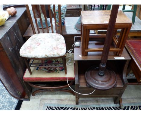 A VICTORIAN MAHOGANY STOOL, A CHAIR, A MAHOGANY STANDARD LAMP, A BEDSIDE CABINET AND A NEST OF THREE MAHOGANY TABLES.