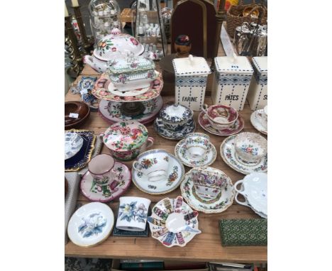 TEA CUPS AND SAUCERS, FRENCH FAIENCE, THREE FRENCH STORAGE JARS AND TURNED TREEN
