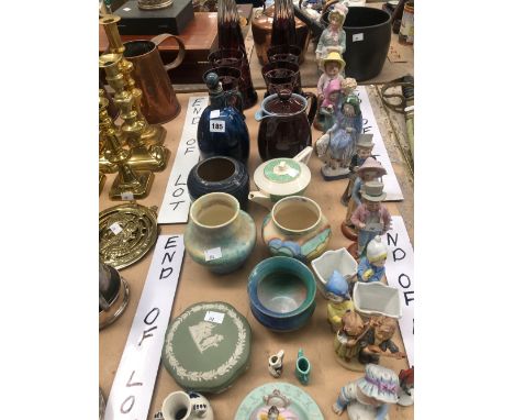 GERMAN PORCELAIN FIGURES, RUBY OVERLAY GLASS DECANTERS AND GLASSES, STUDIO POTTERY, ETC.