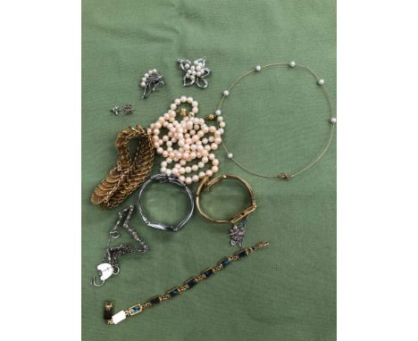 TWO ROW'S OF CULTURED PEARLS WITH GOLD BALL CLASP, A 9ct WHITE GOLD DIAMOND AND GEM SET BUTTERFLY PENDENT AND EARRING SET, A 