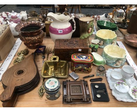 SYLVAC WARES, A COPPER PLANTER, BRASS WARE, OAK FIRE BELLOWS, A CHINESE CARVED WOOD BOX, ETC. 